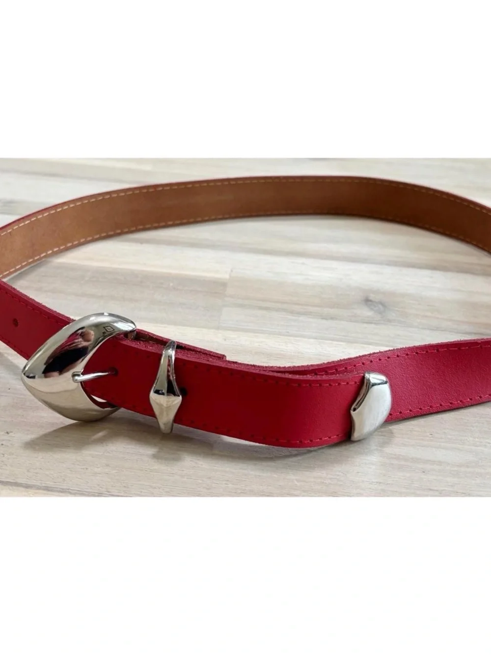 Red Leather Women's Belt with Silver Buckle